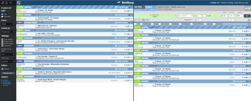betwasp user interface