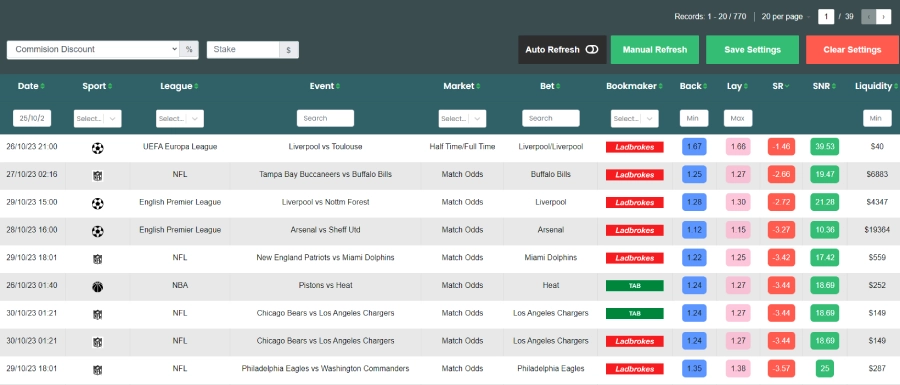 bonusbank user interface of matched betting software with bookies and betting opportunities