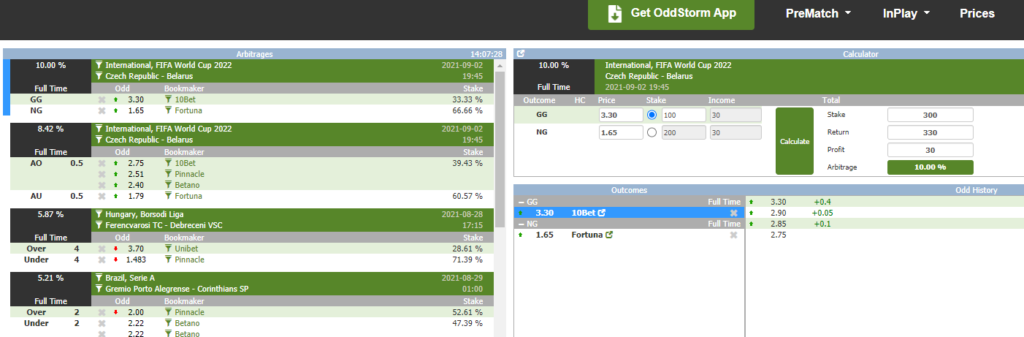 arbitrage calculator in action after clicking on a betting opportunity