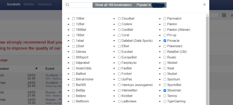 list of bookmakers scanned by surebet.com