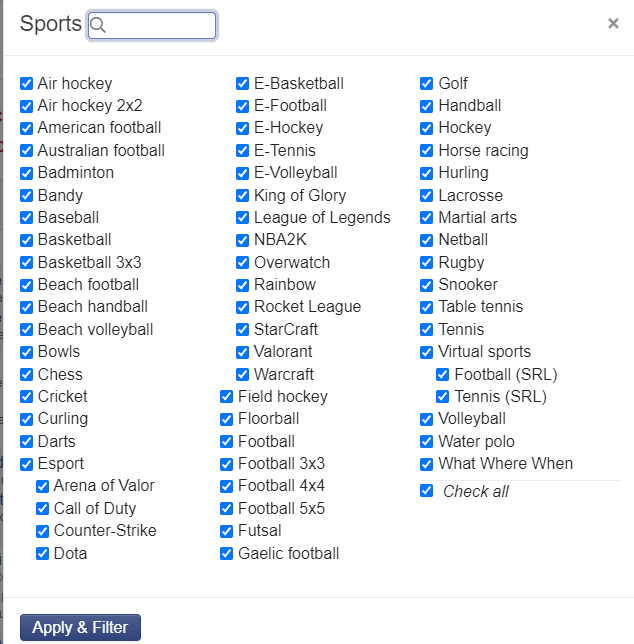 list of sports scanned by surebet.com