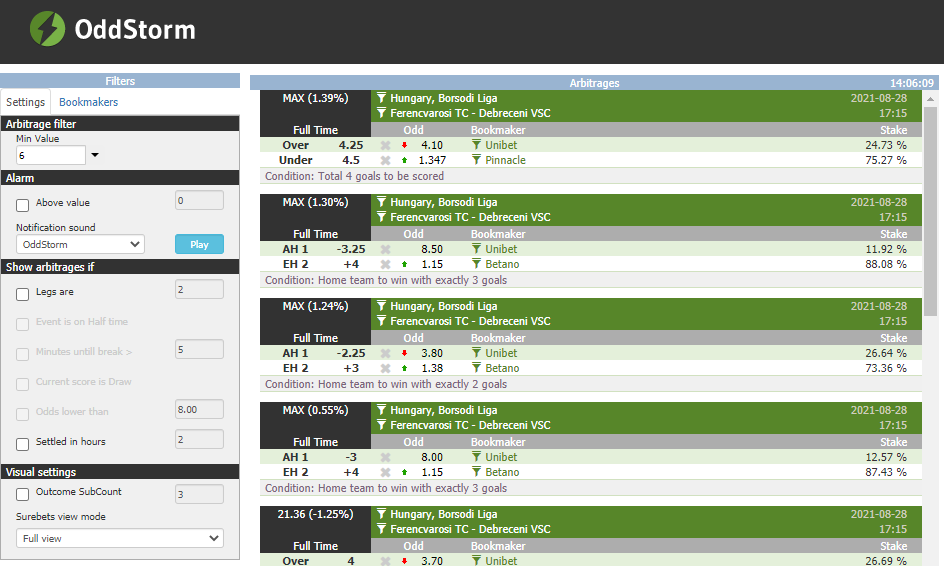 arbitrage scanner middle betting opportunities and user interface at OddsStorm