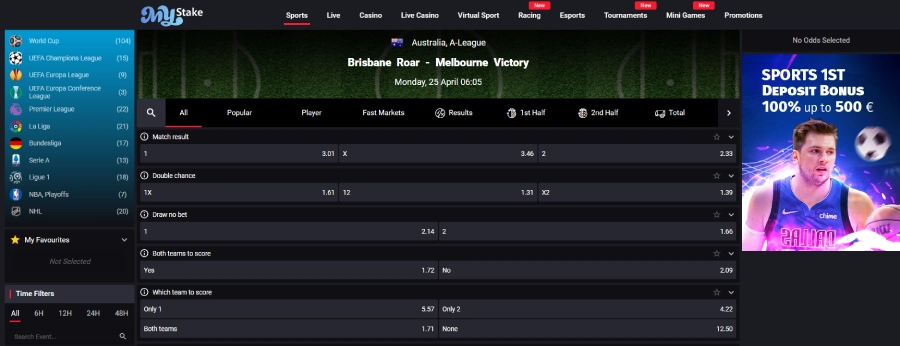 betting markets and odds displayed at MyStake betting site