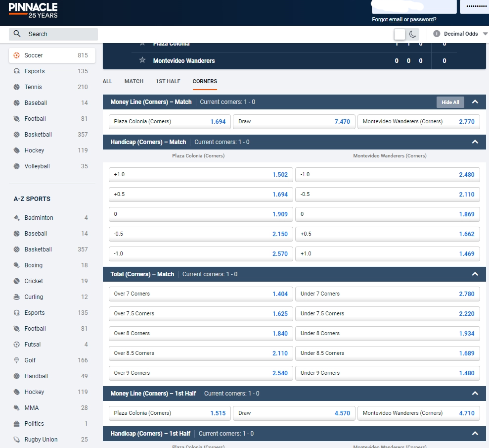 pinnacle sports betting site football corner betting markets screenshot