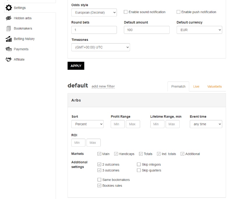 breaking bet user interface of the filters