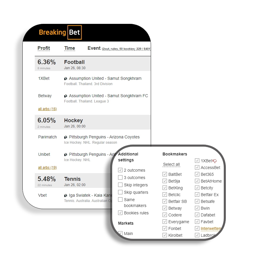 user interface and filters at breaking bet