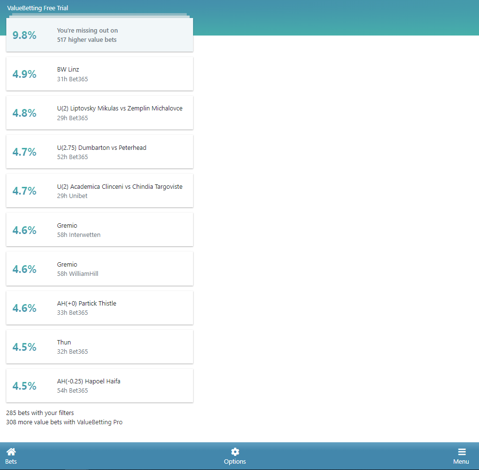 RebelBetting user interface