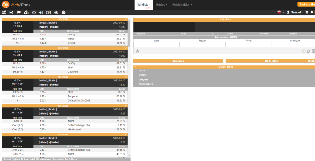 arbmate arbitrage opportunities user interface