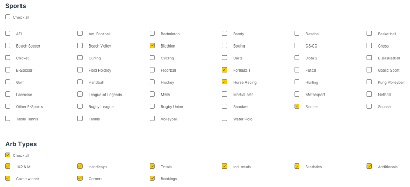 filtering options at Betwasp USA sure bet finder