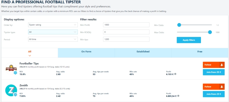 filtering options on tipster platform