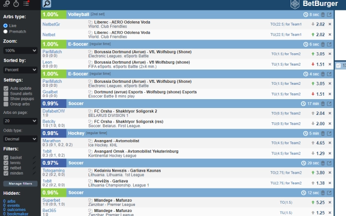 Volley and football arbing opportunities displayed by BetBurger up to 1% profit