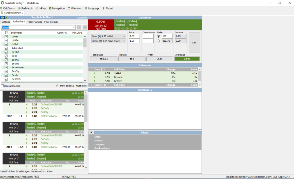 oddstorm user interface for sure bets