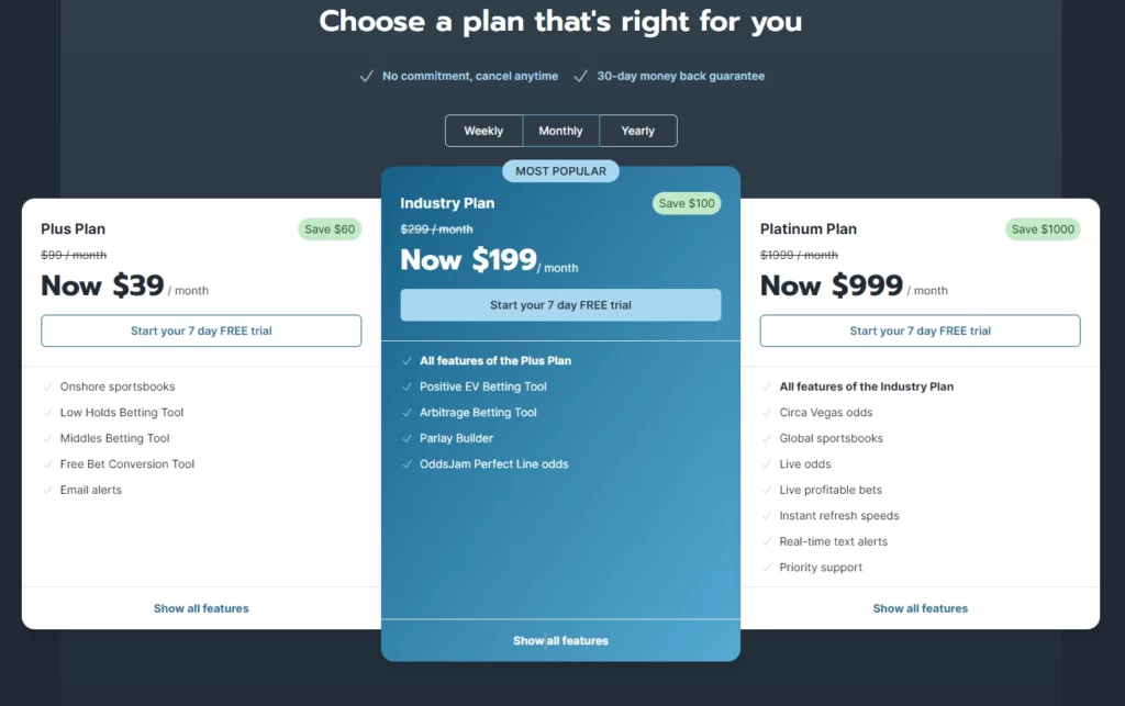 pricing plans of oddsjam